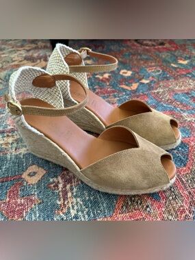 Dalson Peep Toe Wedge Espadrille Sandals in Tan Suede Made in Spain